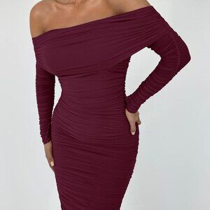 Women's Fall Off Shoulder Maxi Bodycon Dress Long Sleeve Ruched fitted dress